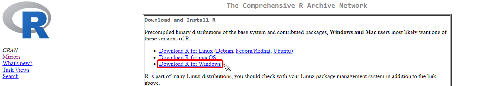 Paso 1 para descargar instalador de R en Windows