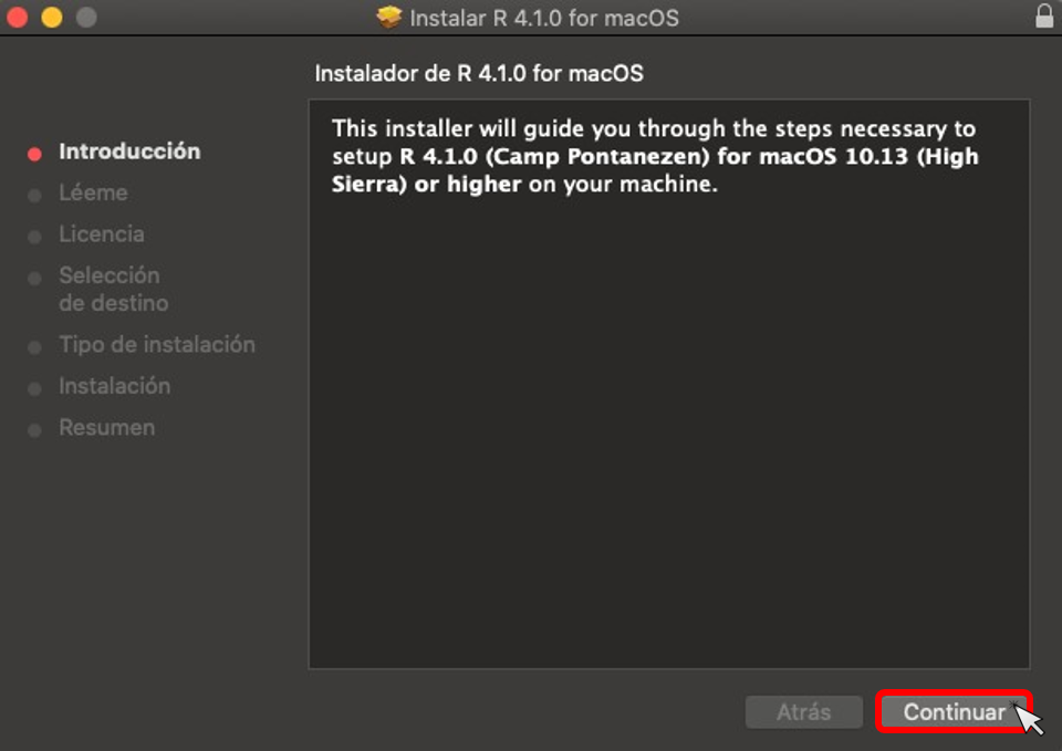 Paso 1 instalación de R en macOS