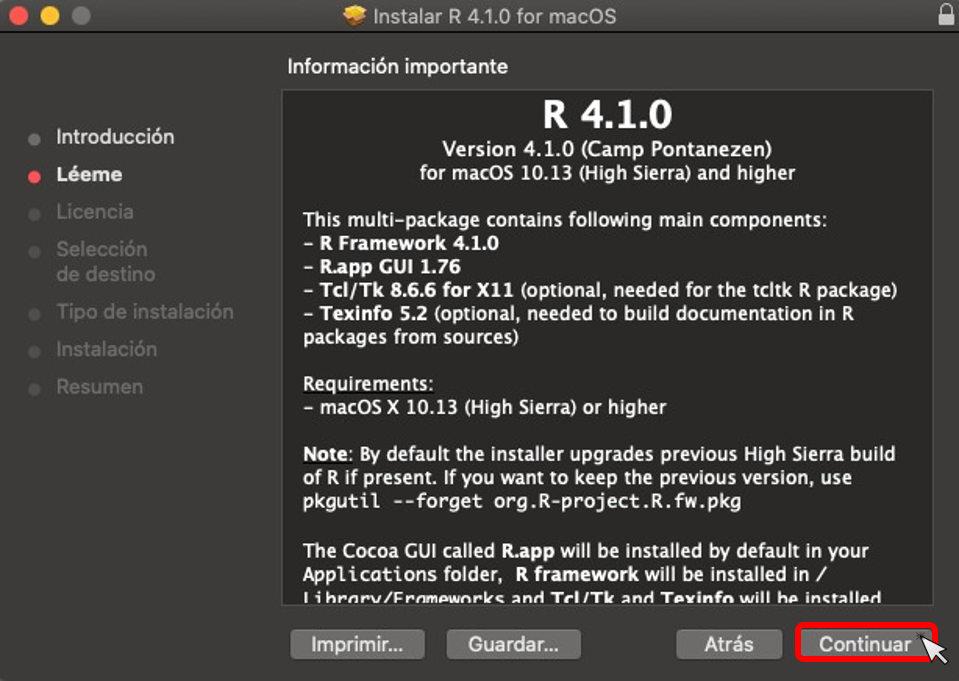 Paso 2 instalación de R en macOS