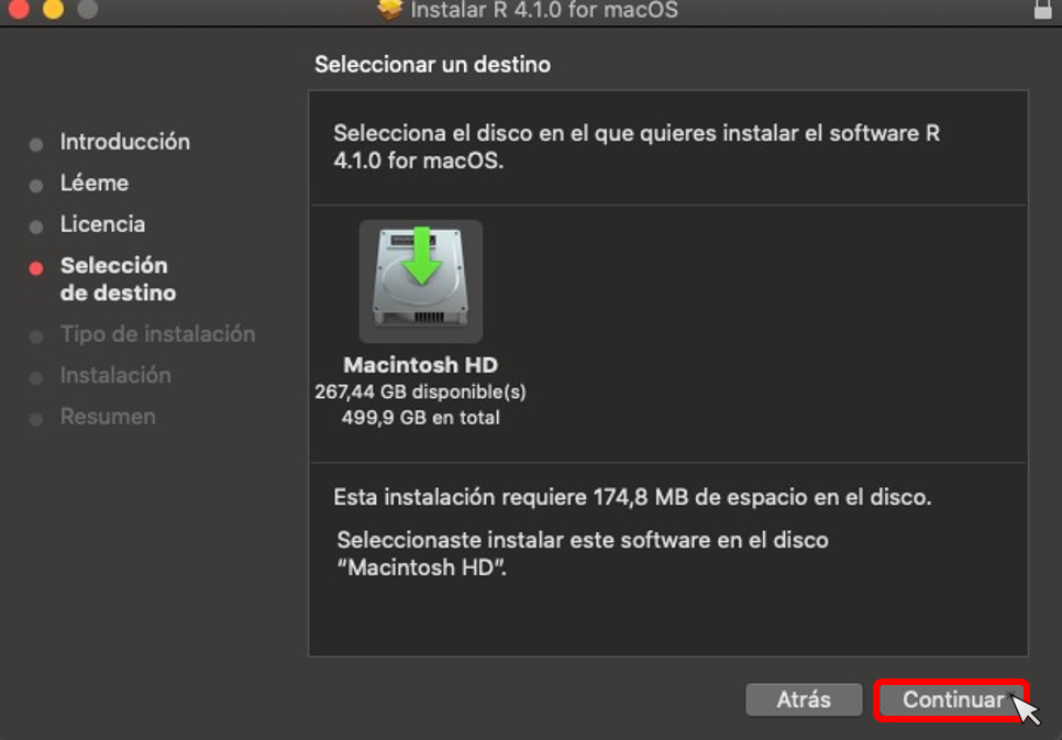 Paso 5 instalación de R en macOS