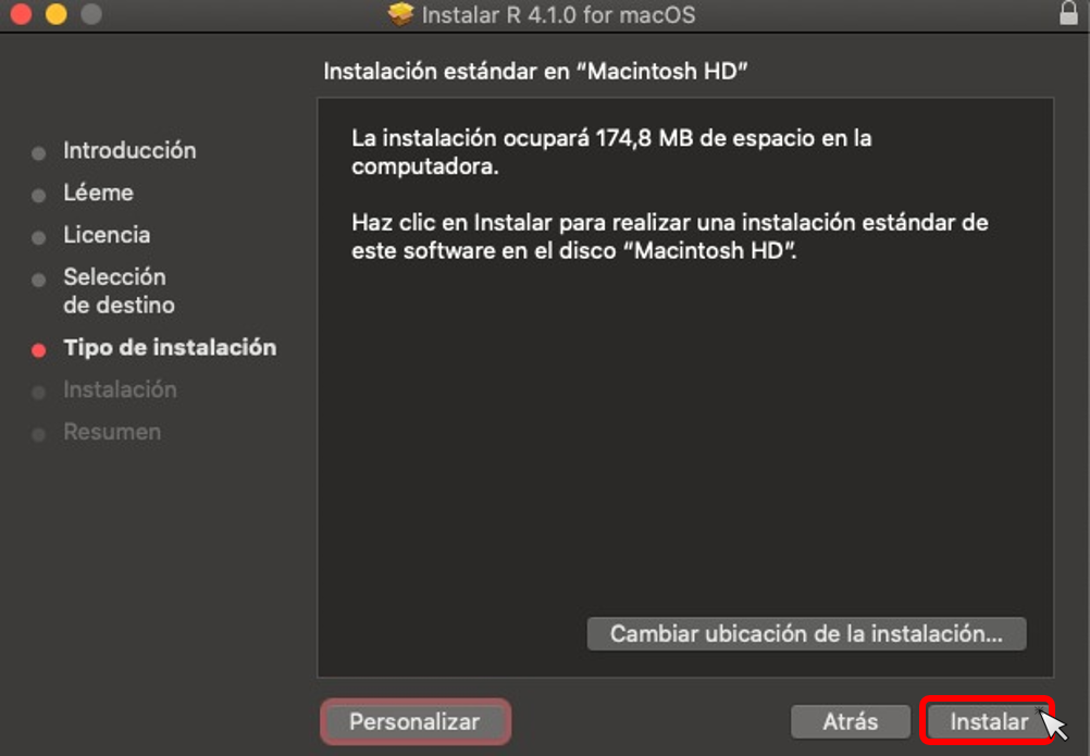 Paso 6 instalación de R en macOS